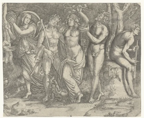 Bacchus en bacchanten en meanade met tamboerijn by Giacomo Francia, print, 1490-1557