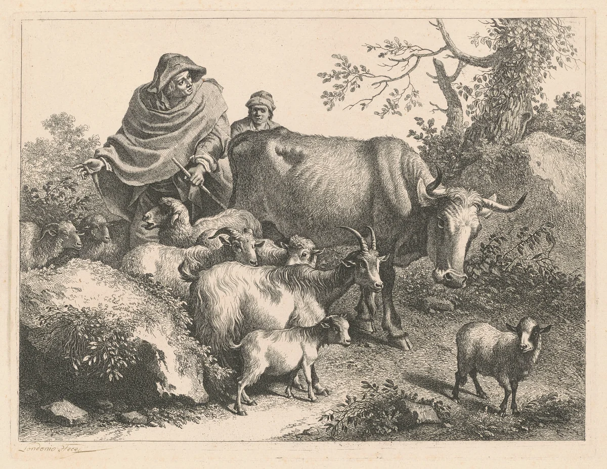 Shepherd Wearing a Cape Driving a Flock by Francesco Londonio, print, 1776