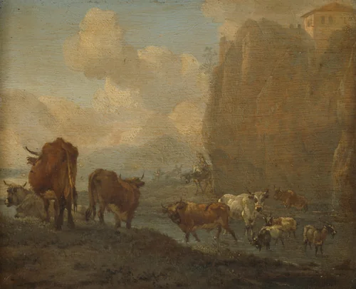 Livestock by a River by Willem Romeyn, painting, 1650-1694