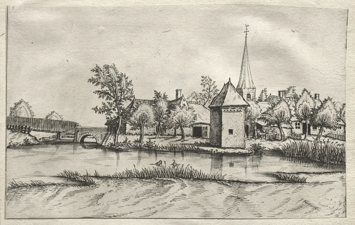 Views of Villages in Brabant and Campine: A Moated Village by Master of the Small Landscapes, print, 1556-1566