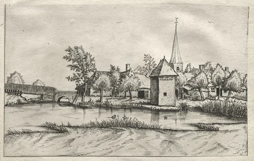 Views of Villages in Brabant and Campine: A Moated Village by Master of the Small Landscapes, print, 1556-1566