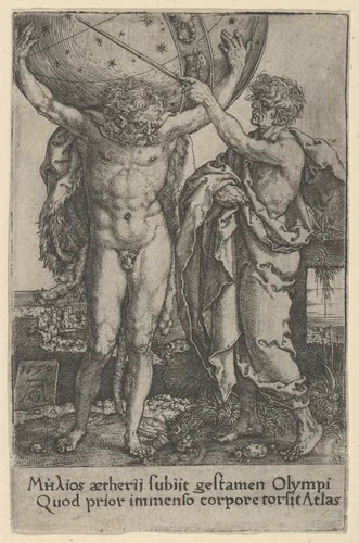 Hercules and Atlas, from The Labors of Hercules by Heinrich Aldegrever, print, 1550