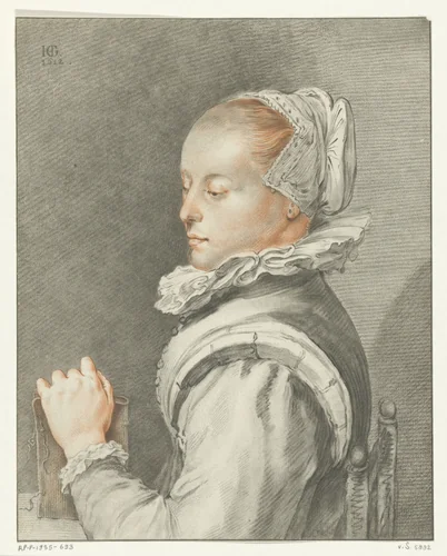 Portret van een jonge vrouw by Johannes Körnlein, print, 1770