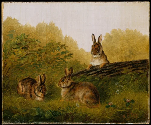Rabbits on a Log by Arthur Fitzwilliam Tait, artwork, 1897
