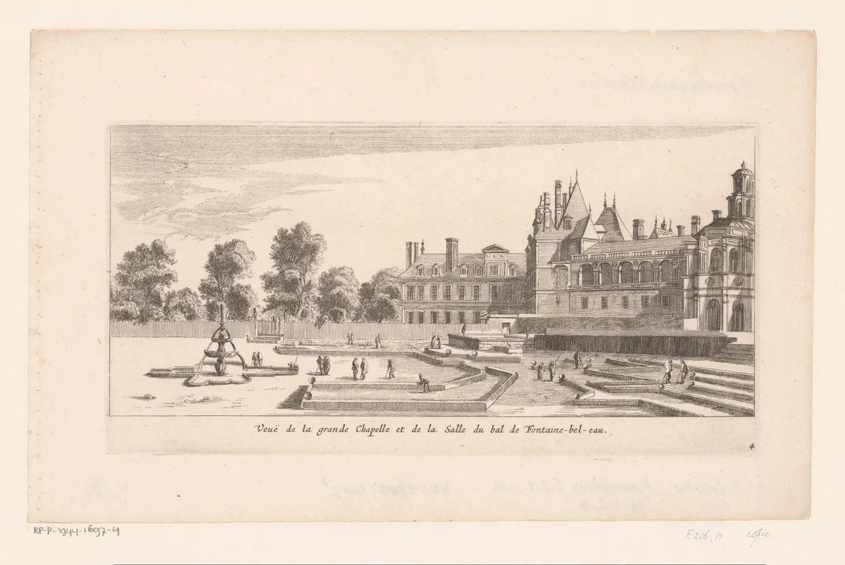 Gezicht op de kapel en de balzaal van Fontainebleau by anonymous, print, 1614-1677