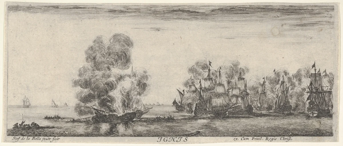 Fire, a flotilla on fire in center and to the right, two boats full of people to left, from "The Four Elements" (Les Quatre Eléments) by Stefano della Bella, print, 1645-1650