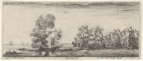Fire, a flotilla on fire in center and to the right, two boats full of people to left, from "The Four Elements" (Les Quatre Eléments) by Stefano della Bella, print, 1645-1650