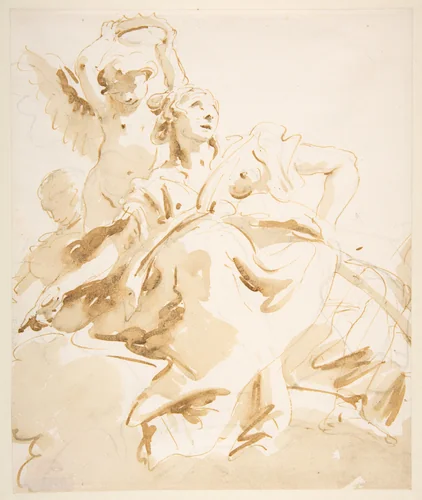 Winged Putto Crowning a Seated Woman Who Looks Upward by Giovanni Battista Tiepolo, drawing, 1696-1770