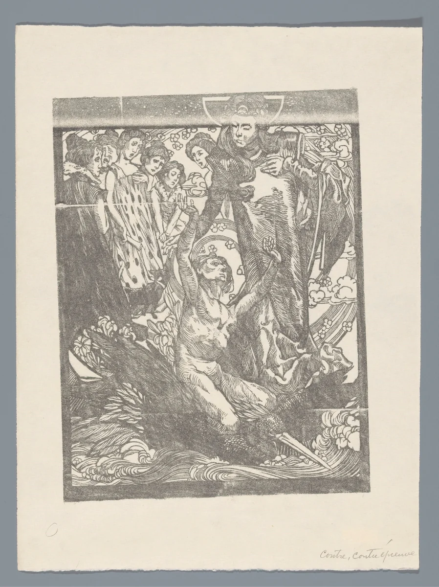 Vrouwenfiguren met man op rug van vogel by Johannes Josephus Aarts, print, 1881-1934