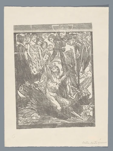 Vrouwenfiguren met man op rug van vogel by Johannes Josephus Aarts, print, 1881-1934