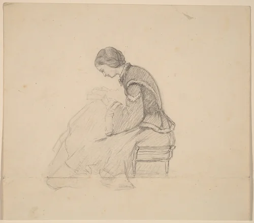 Study of a Girl Reading by Elihu Vedder, drawing, 1858