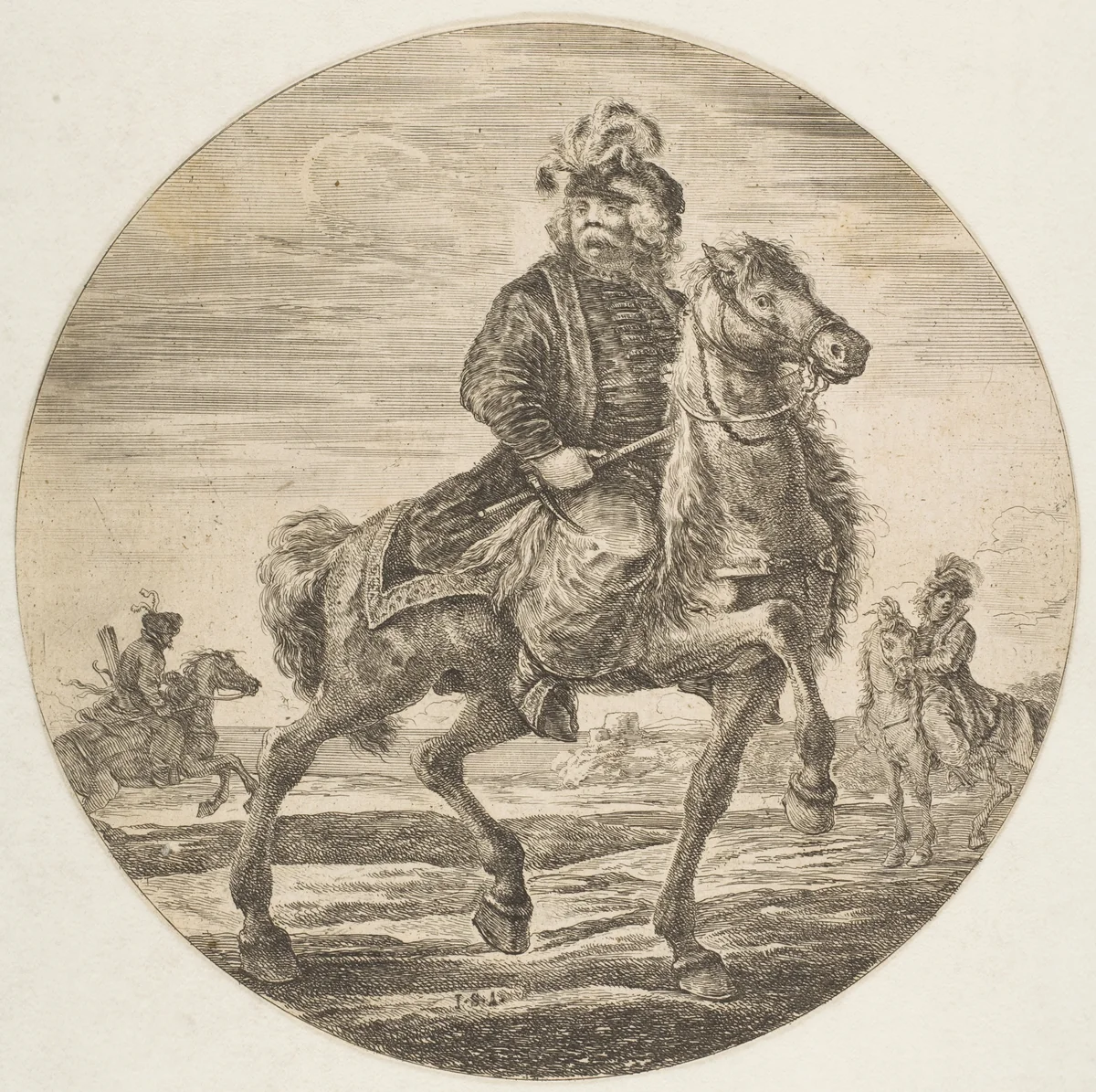Hungarian horseman riding towards the right, other horsemen in the background, a circular composition from "Figures on Horseback (Cavaliers nègres, polonais et hongrois) by Stefano della Bella, print, 1646-1656