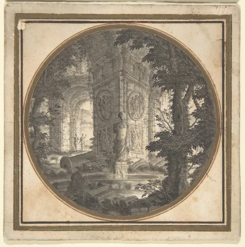Imaginary Landscape with Classical Ruins; Fountain in Foreground by Carlo Fantaccini, drawing, 1695-1755