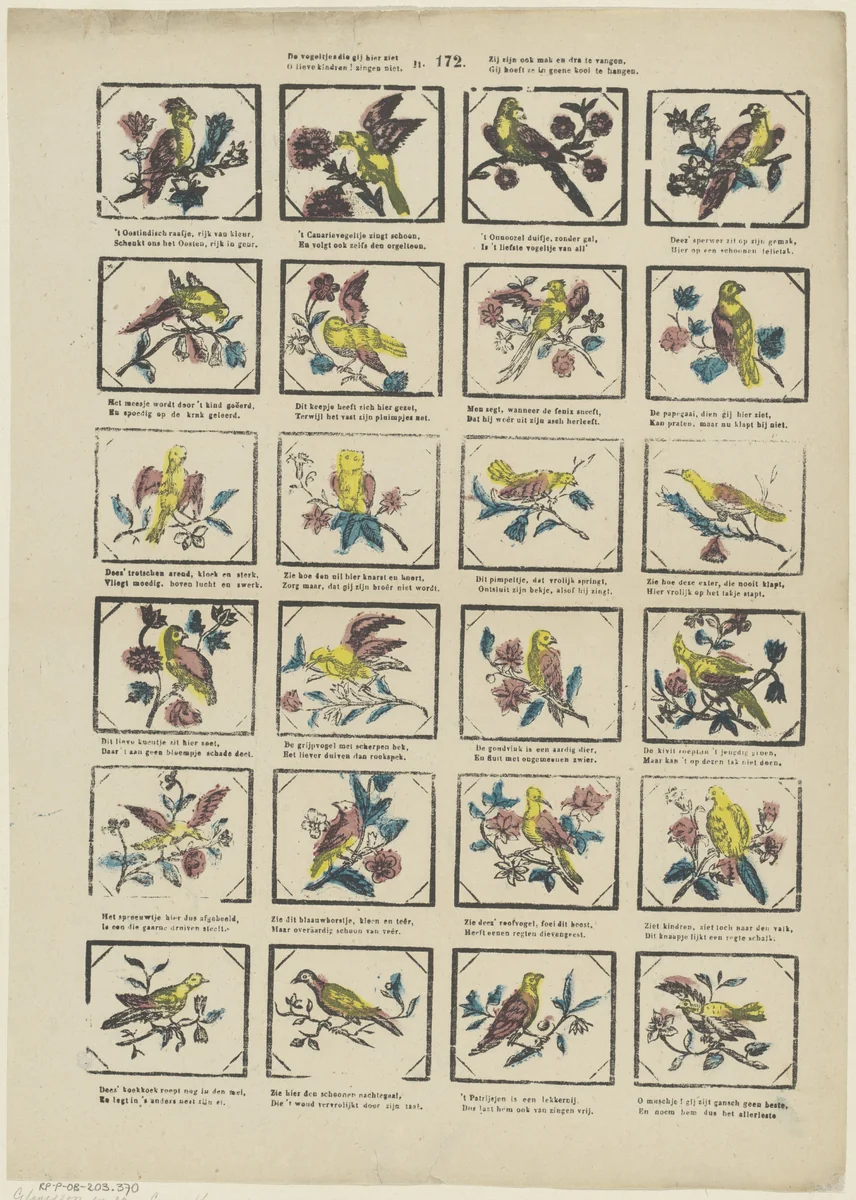 De vogeltjes die gij hier ziet / O lieve kindren! zingen niet, / Zij zijn ook mak en dra te vangen, / Gij hoeft ze in geene kooi te hangen by Glenisson & Zonen, print, 1856-1900