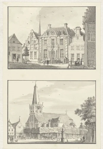 Raadhuis en kerk in Doetinchem by Jan de Beijer, drawing, 1743