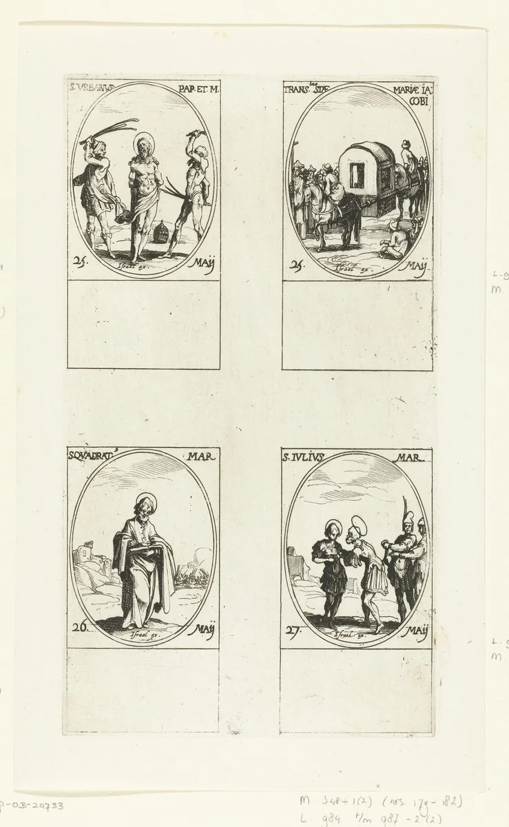 Heilige Urbanus I, Translatie van Maria van Klopas' stoffelijke resten, Heilige Quadratus van Armenië en Athene, Heilige Julius van Durostorum (25-27 mei) by Jacques Callot, print, 1632-1636