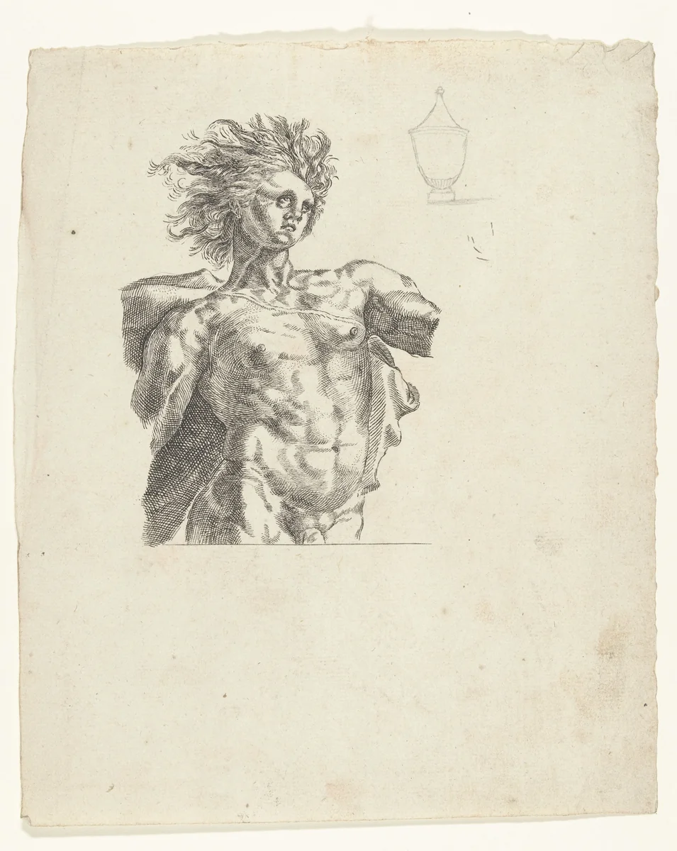 Apollo, ten halven lijve, en schets van een vaas by anonymous, drawing, 1700-1799