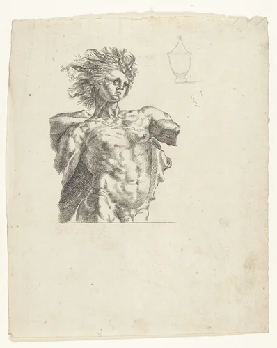 Apollo, ten halven lijve, en schets van een vaas by anonymous, drawing, 1700-1799
