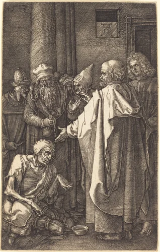 Saint Peter and Saint John Healing a Cripple at the Gate of the Temple by Albrecht Dürer, print, 1513