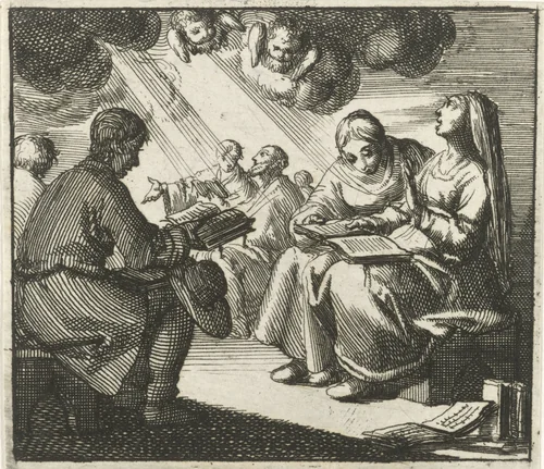 Groep zingende mannen en vrouwen, beschenen door een bundel hemellicht by Jan Luyken, print, 1688