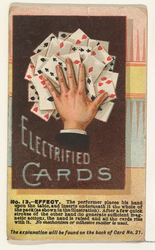 Number 13, Electrified Cards, from the Tricks with Cards series (N138) issued by W. Duke, Sons & Co. to promote Honest Long Cut Tobacco by W. Duke, Sons & Co., print, 1887