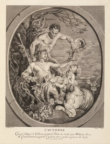 L'Autonne, in L'Oeuvre D'Antoine Watteau Pientre du Roy en son Academie Roïale de Peinture et Sculpture Gravé d'après ses Tableaux & Desseins originaux...par les Soins de M. de Jullienne, Volume II, page 52 by Etienne Fessard, book, 1735-1745