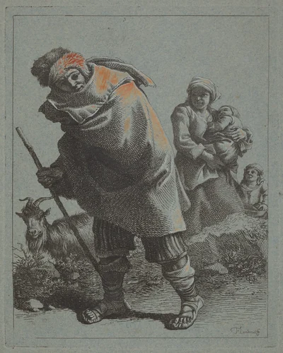 Shepherd with Walking Stick and a Peasant Woman with Child by Francesco Londonio, print, 1723-1783