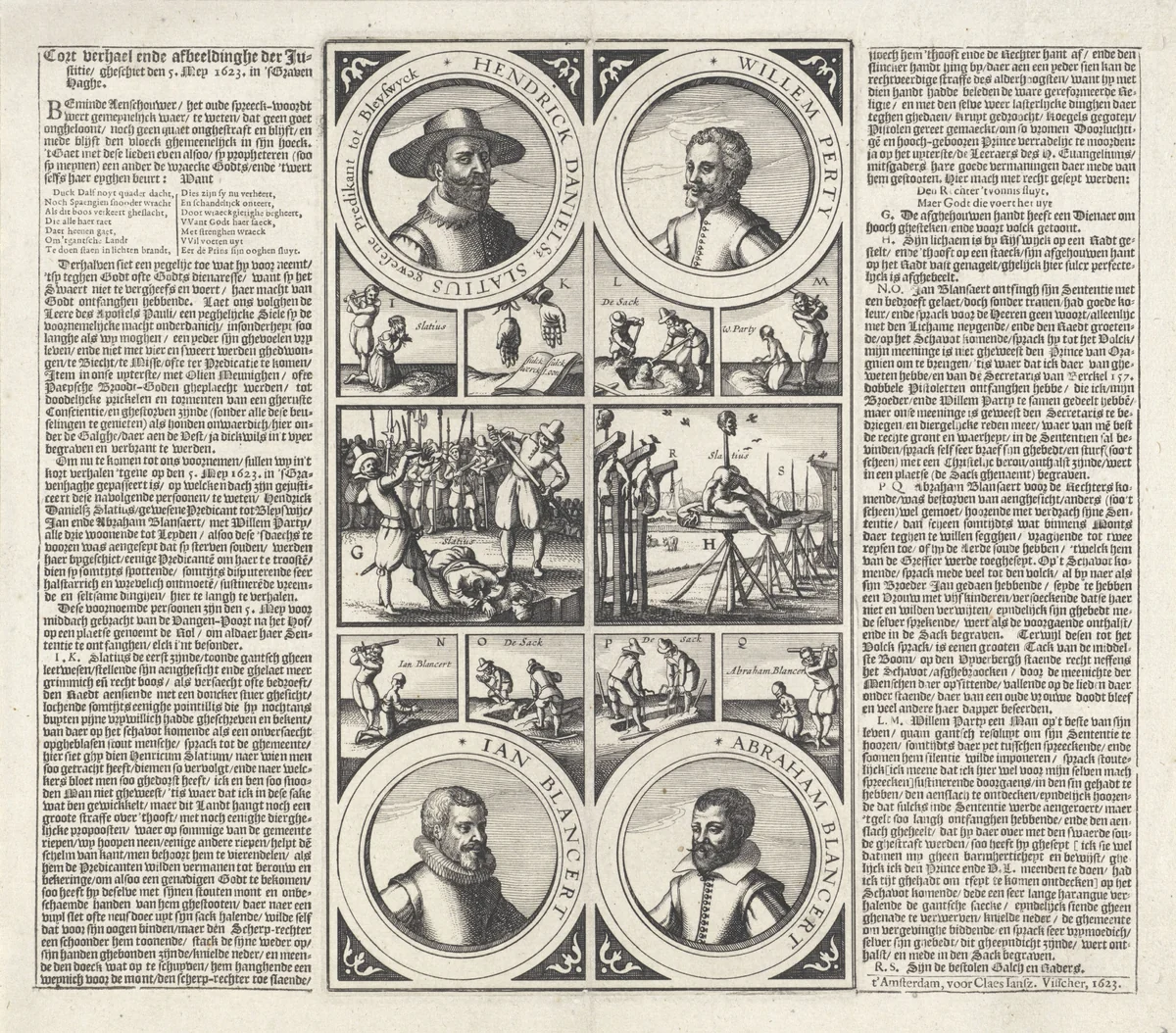 Terechtstelling van Henricus Slatius, Willem Perty en Jan en Abraham Blansaert, 1623 by Claes Jansz Visscher, print, 1623