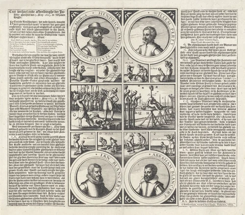 Terechtstelling van Henricus Slatius, Willem Perty en Jan en Abraham Blansaert, 1623 by Claes Jansz Visscher, print, 1623