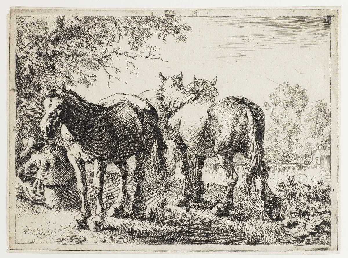 Drie paarden en een boer by Pieter Bodding van Laer, print, 1636