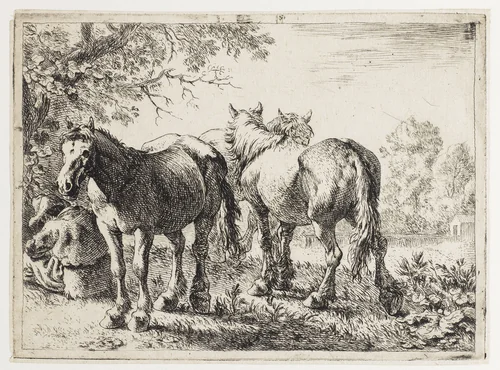Drie paarden en een boer by Pieter Bodding van Laer, print, 1636