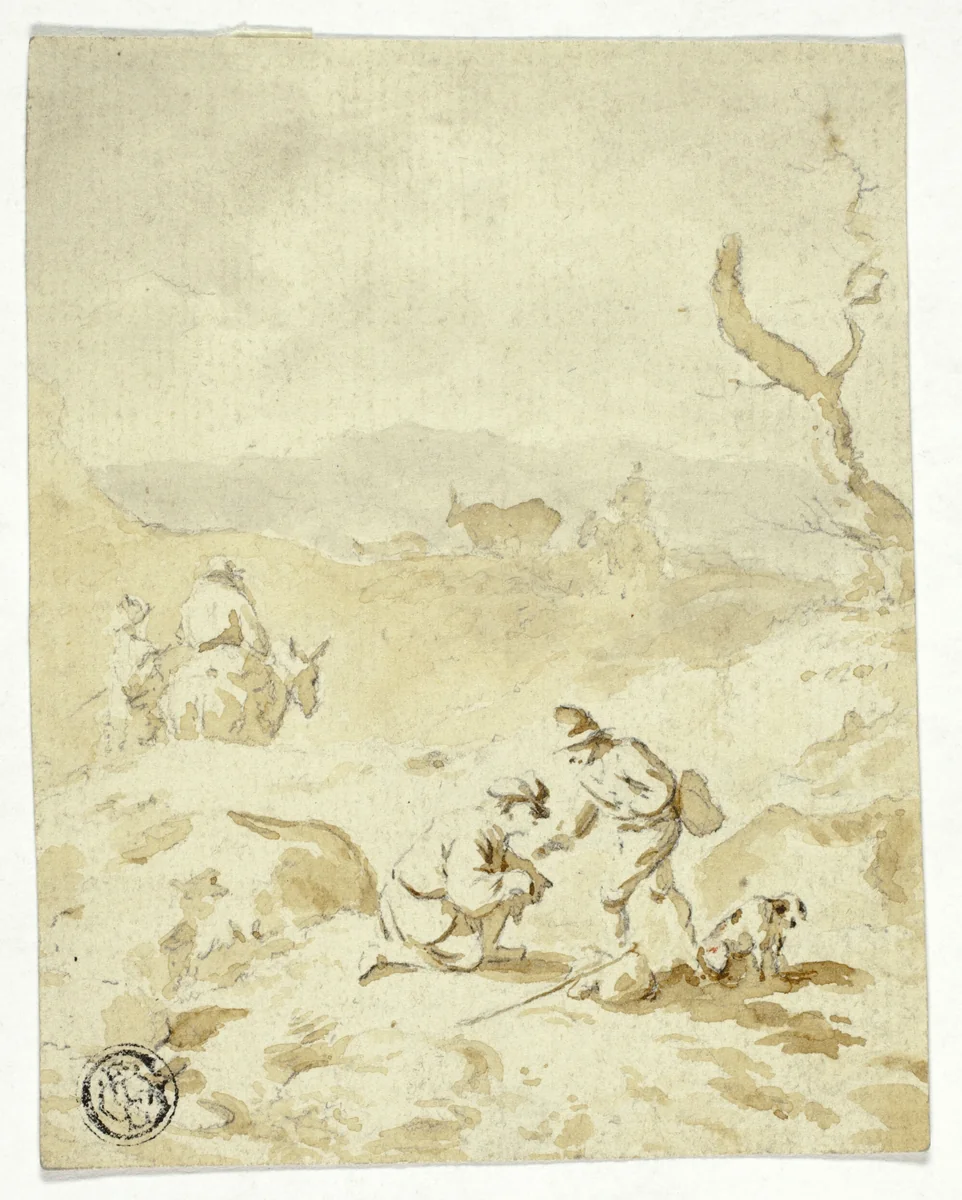 Men Traveling Through Hills with Mules, Packs and Dog by Herman Saftleven, drawing, 1640-1683