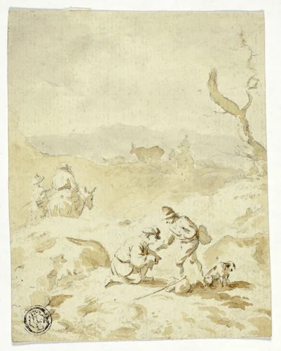 Men Traveling Through Hills with Mules, Packs and Dog by Herman Saftleven, drawing, 1640-1683