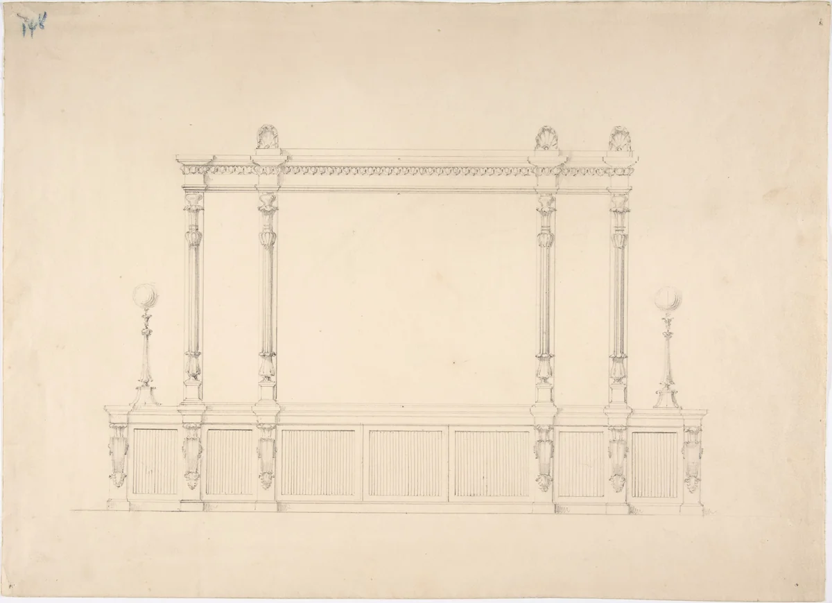Design for a Very Large Cabinet, with Renaissance Ornament and Lamps by anonymous, drawing, 1800-1850
