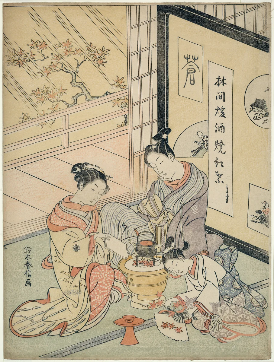 Burning Maple Leaves to Heat Sake by Suzuki Harunobu (鈴木春信), print, 1763-1770