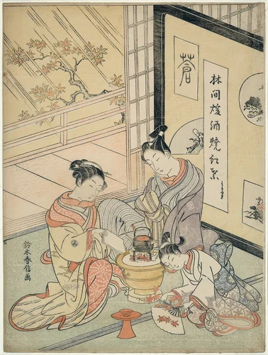Burning Maple Leaves to Heat Sake by Suzuki Harunobu (鈴木春信), print, 1763-1770