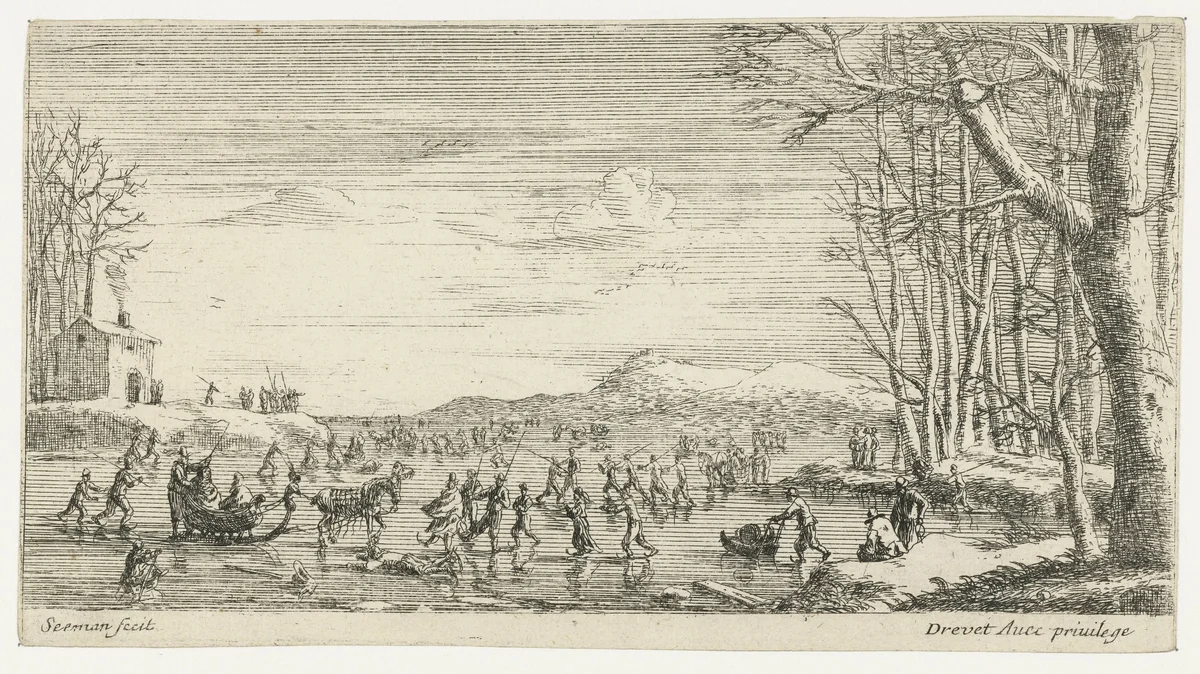 Bevroren rivier met schaatsers by anonymous, print, 1650-1738