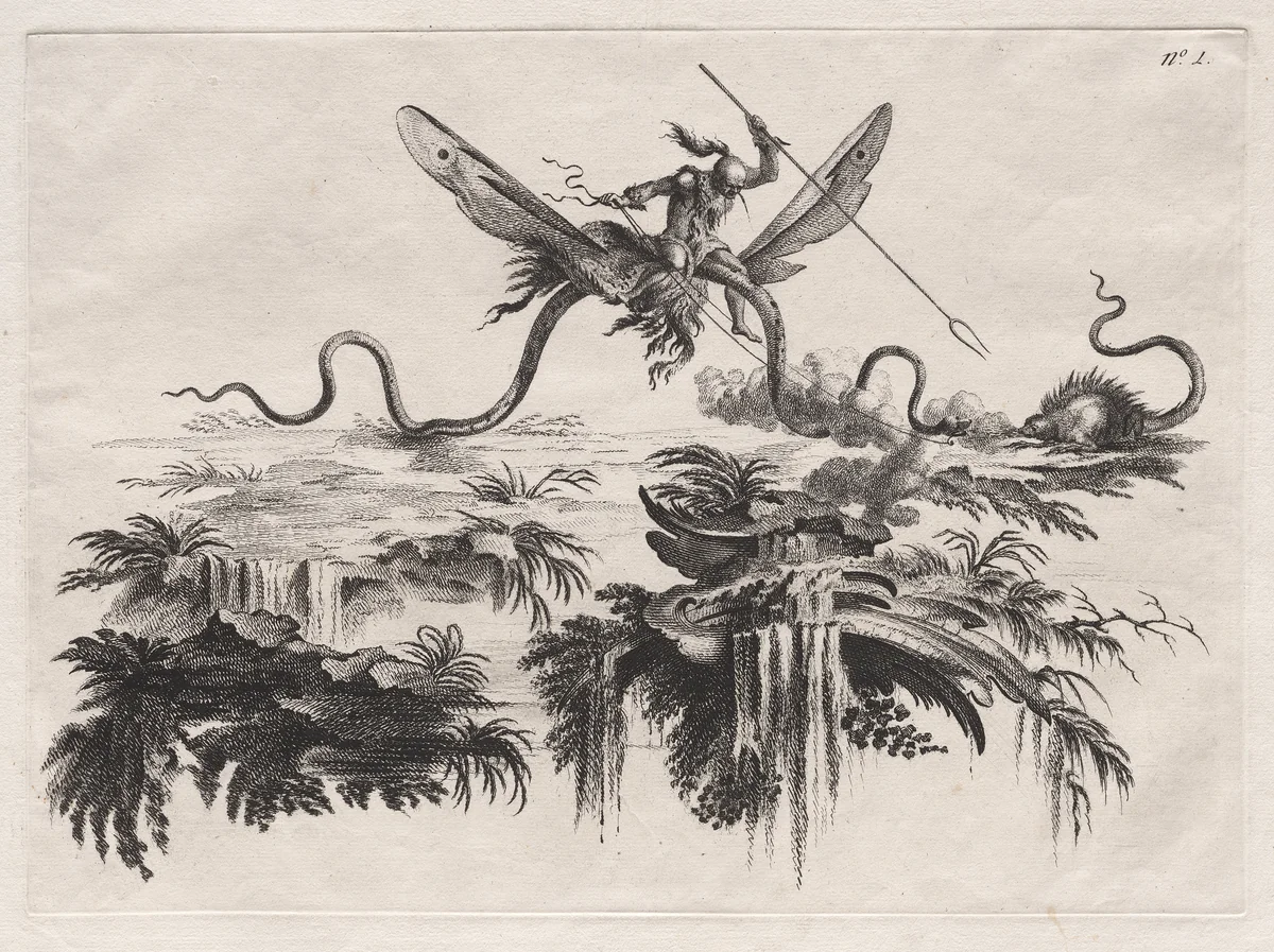 A Savage mounted on a winged Serpent battling with a wild beast resembling a Porcupine by Filippo Morghen, print, 1764-1774