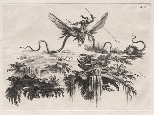 A Savage mounted on a winged Serpent battling with a wild beast resembling a Porcupine by Filippo Morghen, print, 1764-1774