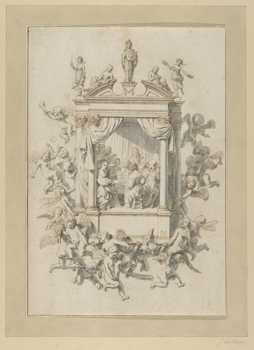 A Group of Men and Women Playing Chamber Music Within a Portico, Surmounted by Statues of Apollo and Female Figures, and Surrounded by Putti by Jan de Bray, drawing, 1652
