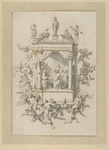 A Group of Men and Women Playing Chamber Music Within a Portico, Surmounted by Statues of Apollo and Female Figures, and Surrounded by Putti by Jan de Bray, drawing, 1652