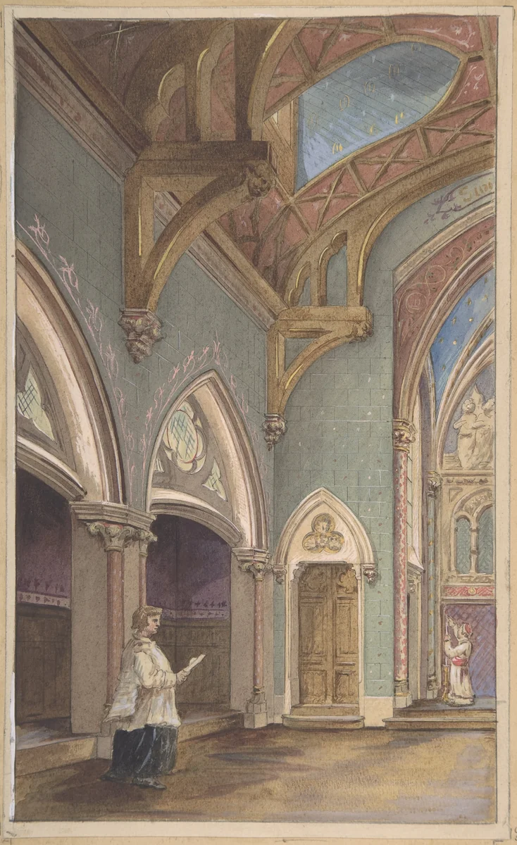 View of Interior with Figures, Saint Clotilde by Jules-Edmond-Charles Lachaise, drawing, 1850-1900