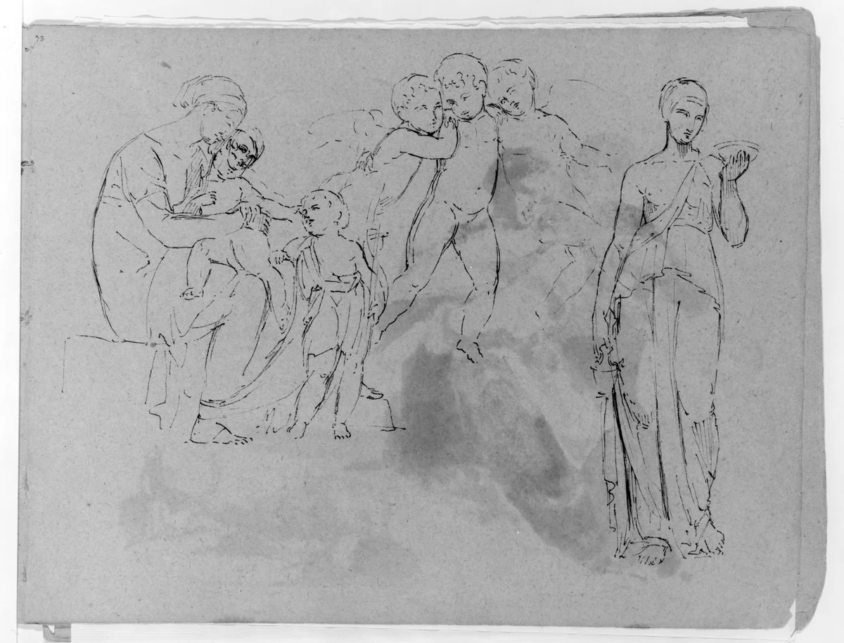 Madonna With Christ and John Baptist [?]; Three Cherubs; Standing Classical Female Figure, Holding Bowl (from Sketchbook) by Thomas Sully, artwork, 1810-1820