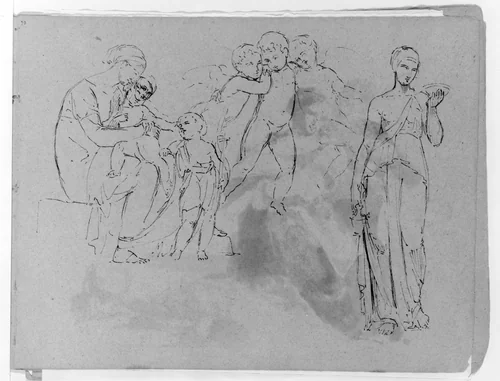 Madonna With Christ and John Baptist [?]; Three Cherubs; Standing Classical Female Figure, Holding Bowl (from Sketchbook) by Thomas Sully, artwork, 1810-1820