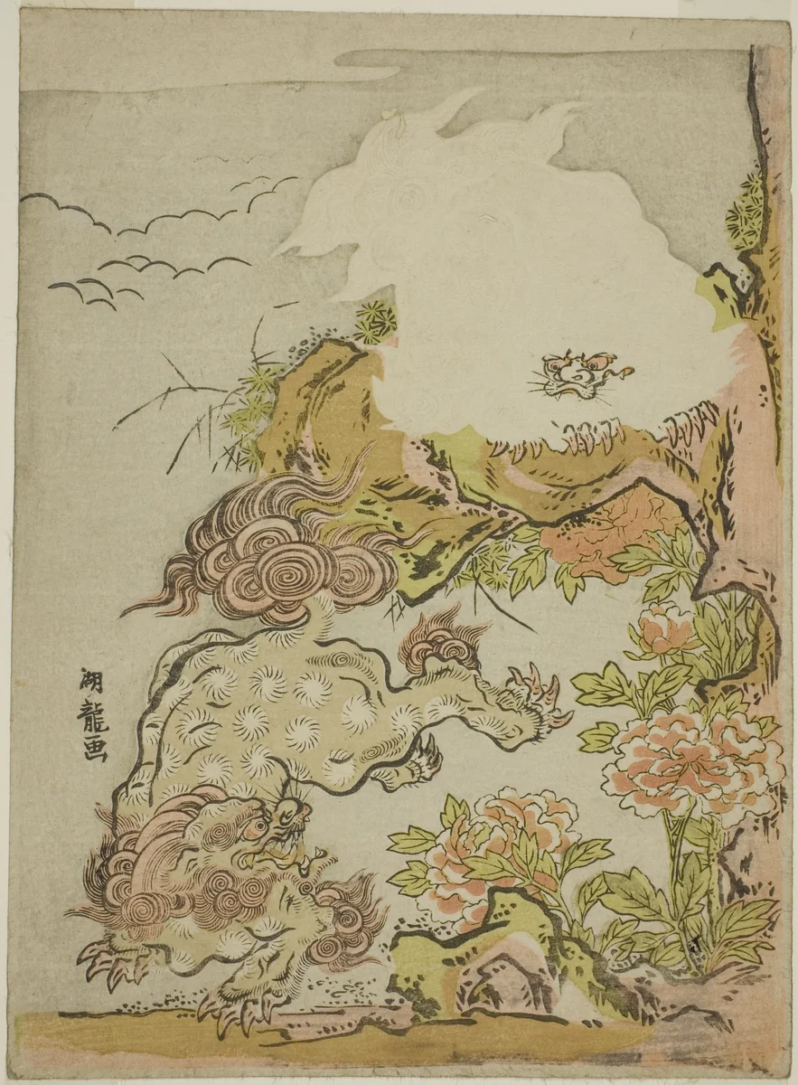 Chinese Lions and Peonies by Isoda Koryusai, print, 1767-1777
