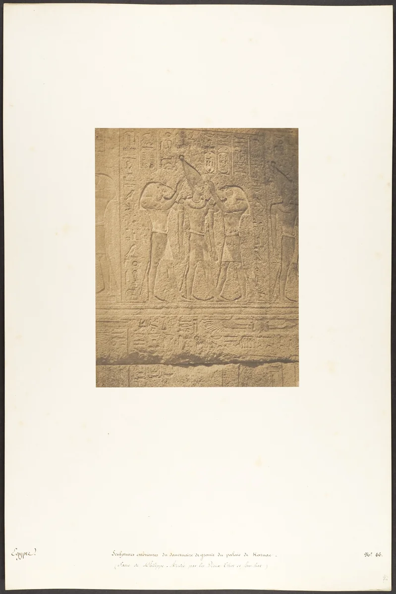 Sculptures extérieures du Santuaire de granit du palais de Karnac (Sacre de Philippe-Aridée par les Dieux Thot et Hor-hat) by Maxime Du Camp, photograph, 1849-1850