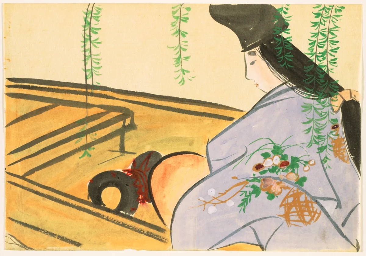Flowers of a Hundred Worlds (Momoyogusa): Asazuma in Her Boat (Asazuma-bune) by Kamisaka Sekka, drawing, 1909