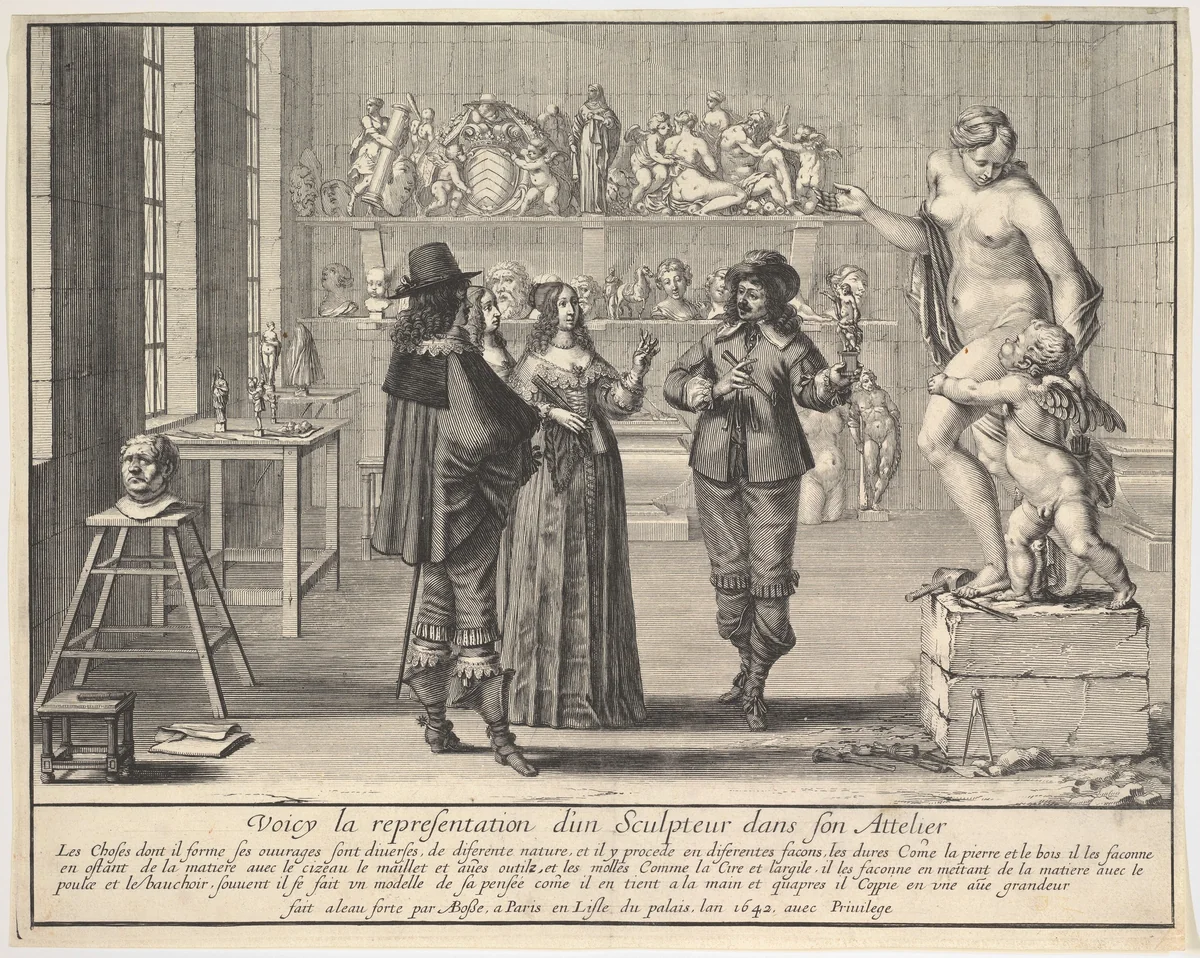 A Sculptor Presenting his Statue of Venus and Cupid by Abraham Bosse, print, 1642