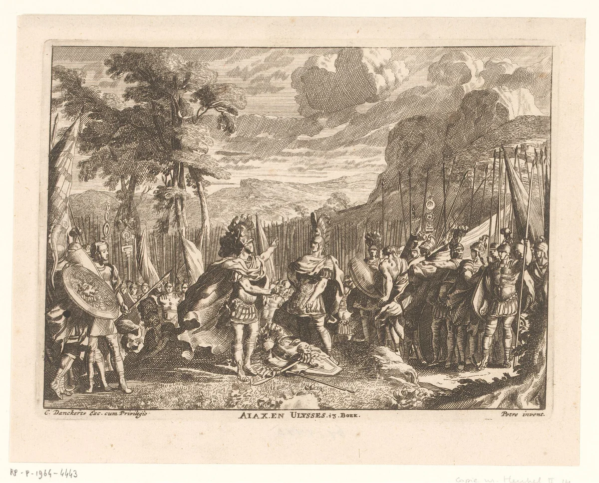 Ajax en Odysseus twisten om de wapens van Achilles by anonymous, print, 1628-1717