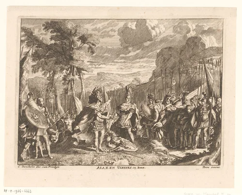 Ajax en Odysseus twisten om de wapens van Achilles by anonymous, print, 1628-1717